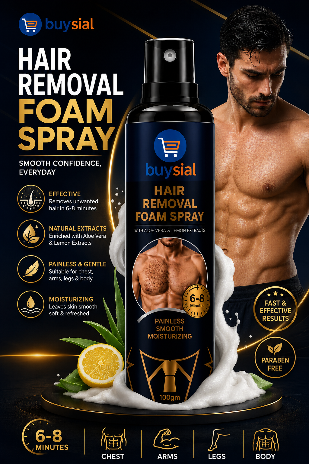 Buysial Hair Removal Foam Spray for Men – Aloe Vera & Lemon Extracts