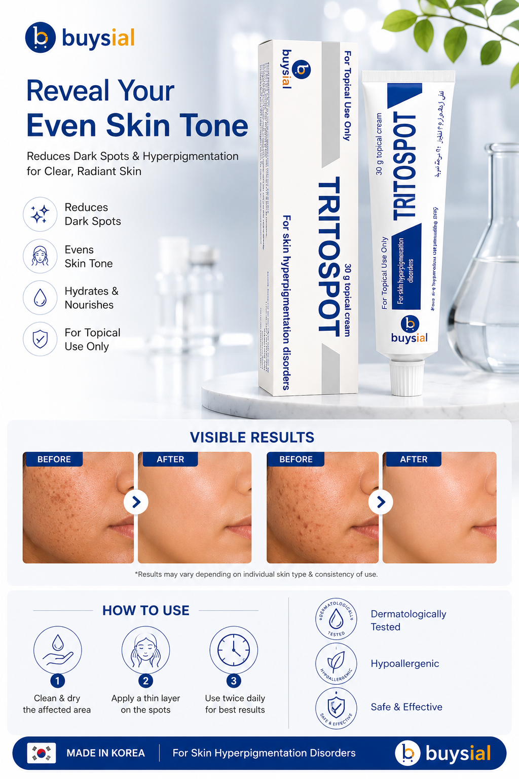 Buysial TRITOSPOT™ Cream 30g | Hyperpigmentation, Dark Spots & Melasma Treatment | Dermatologist Recommended | For Men & Women