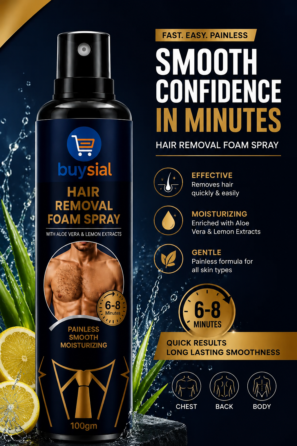 Buysial Hair Removal Foam Spray for Men – Aloe Vera & Lemon Extracts